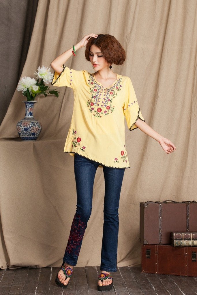 Ashir Aley Girls Embroidered Peasant Tops Mexican Bohemian Blouses , Medium, Yellow - Image 4